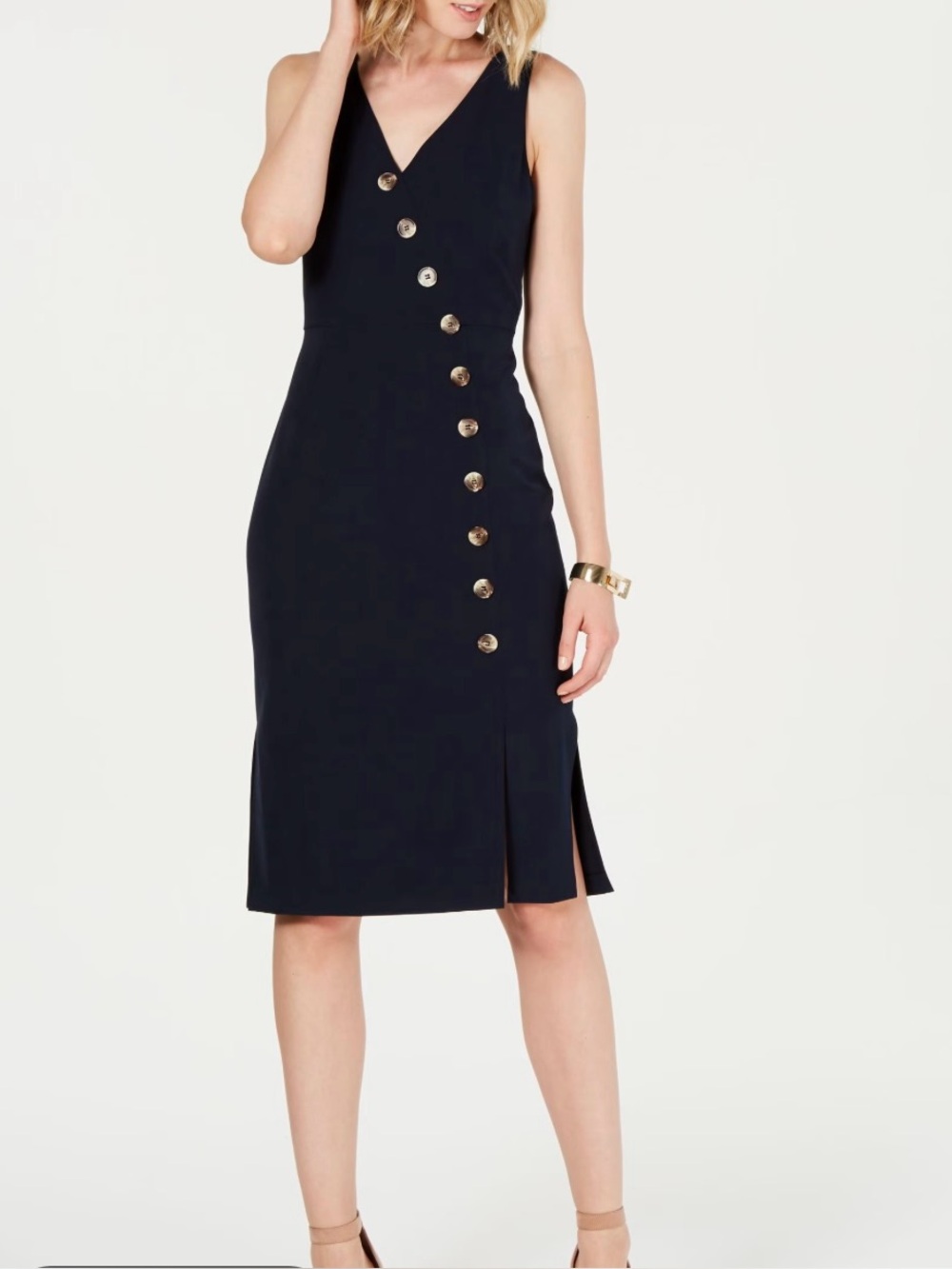 Vince Camuto Embellished Bodycon Button-Through V-Neck Dress 4